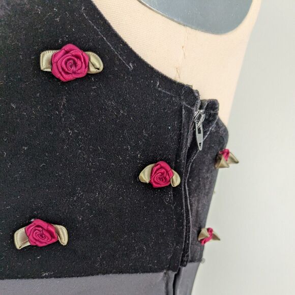 Vintage Zum Prom Dress Maxi Gown M Black Velvet Goth Y2K Babydoll Floral Grunge - Picture 8 of 13